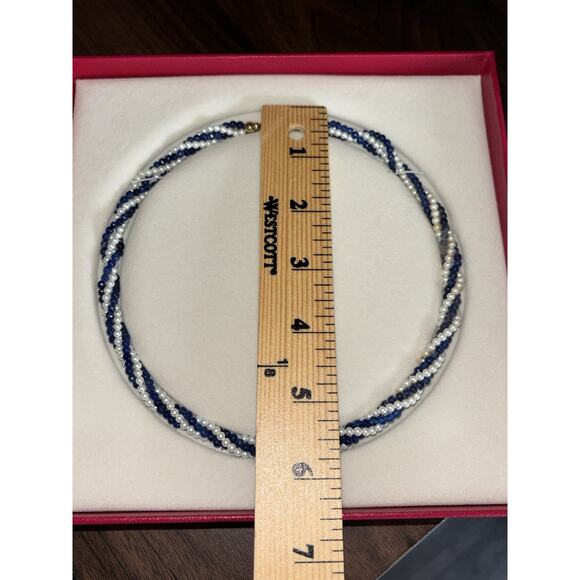 New Necklace Beaded Twisted French Rope Royal Blue And White - Picture 3 of 4